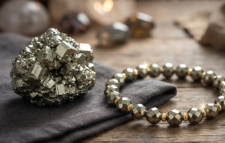 Genuine 8mm Pyrite bead bracelet with raw pyrite cluster