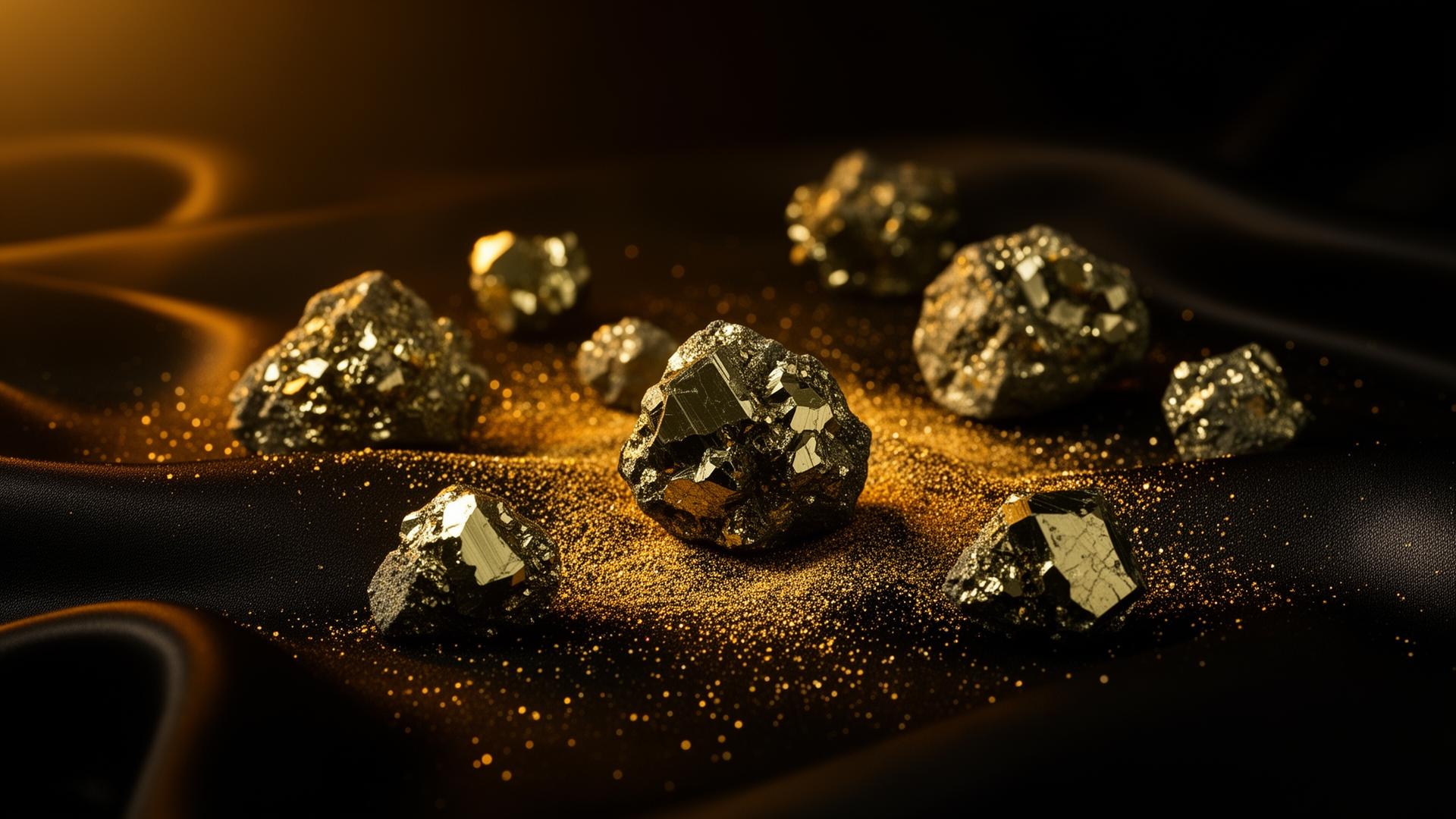 Pyrite crystals on black silk